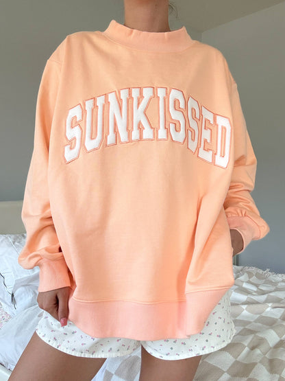 Papaya Orange Varsity Sunkissed Embroidered Mockneck Sweatshirt 100% Cotton