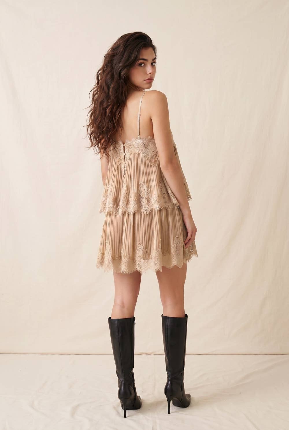 Pleated Tiered Mini Babydoll Dress with Lace Trim