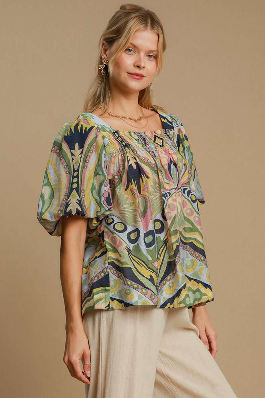 Umgee Famous Print Smocked Top