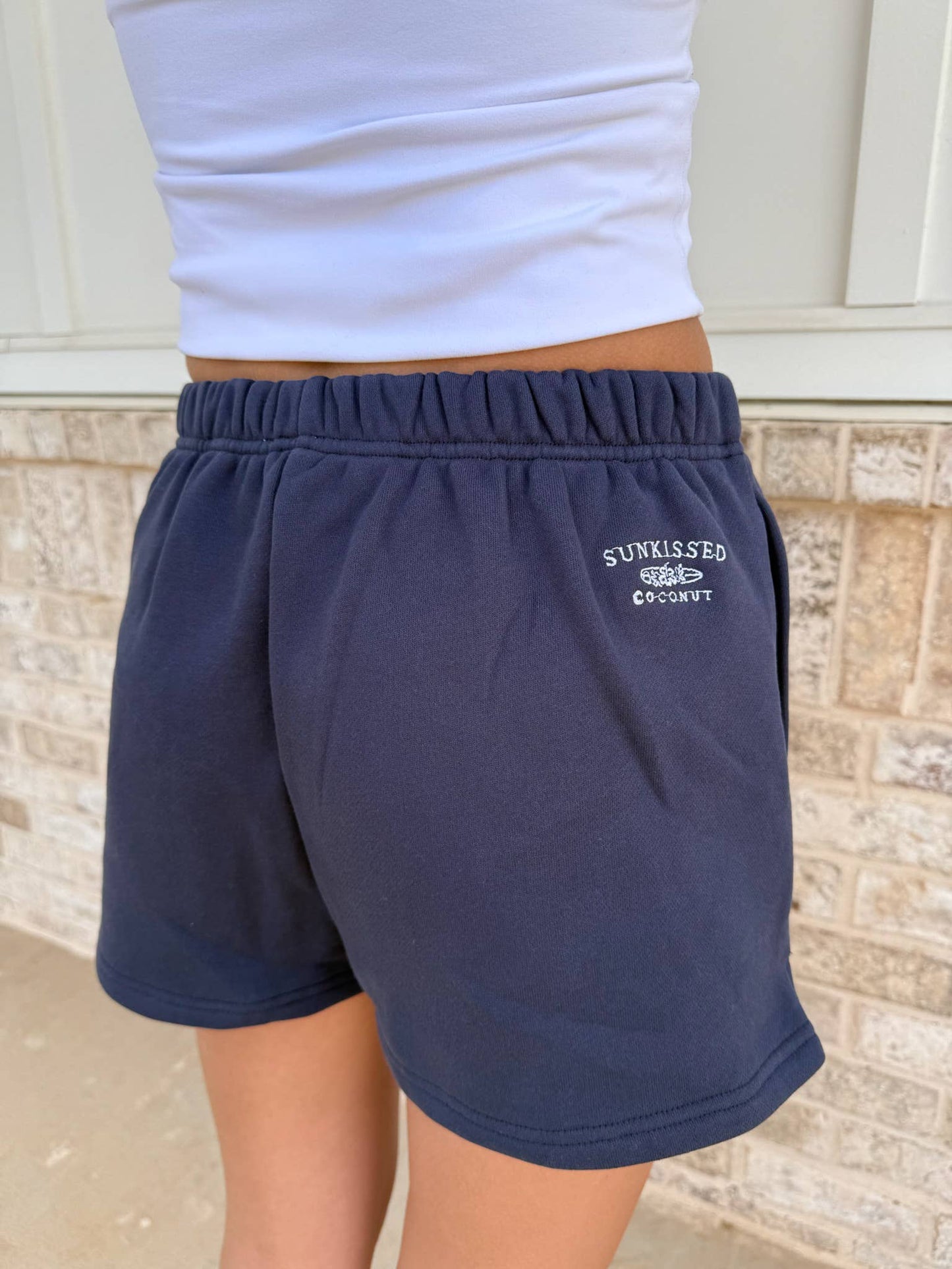 Navy Blue Embroidered Sweat Shorts 100% Cotton