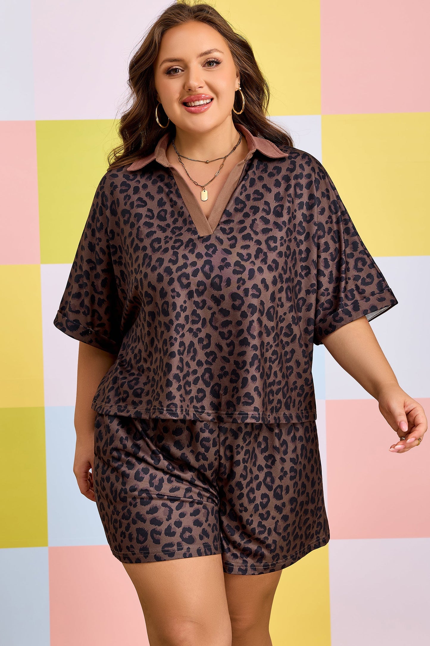 Plus Size Leopard Collared Top & Drawstring Shorts Set
