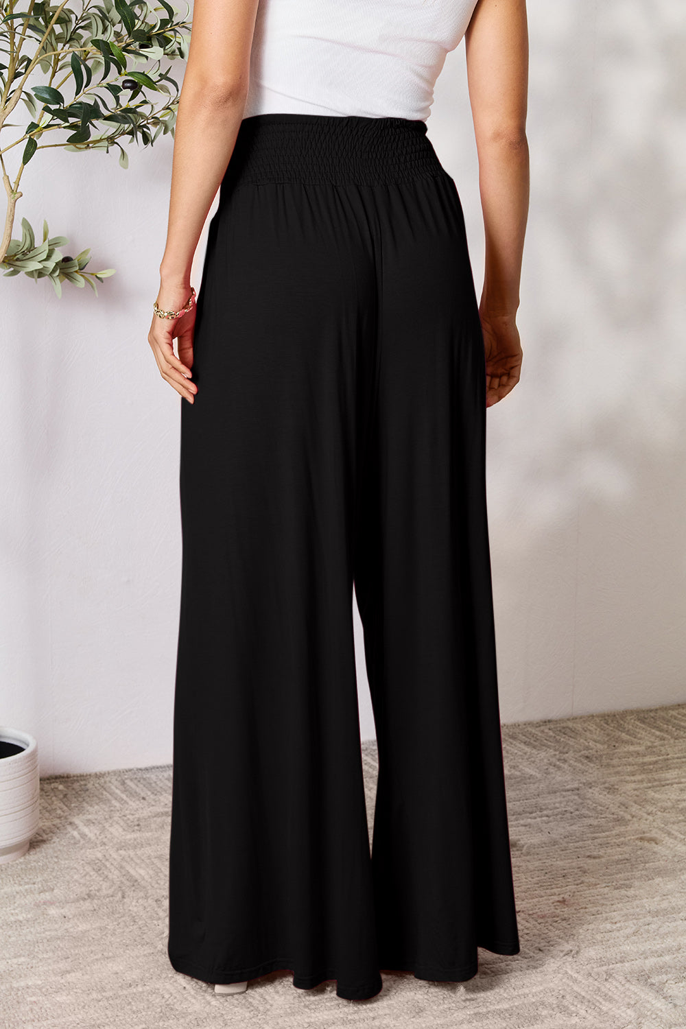 Double Take Smocked Wide Waistband Wide Leg Pants