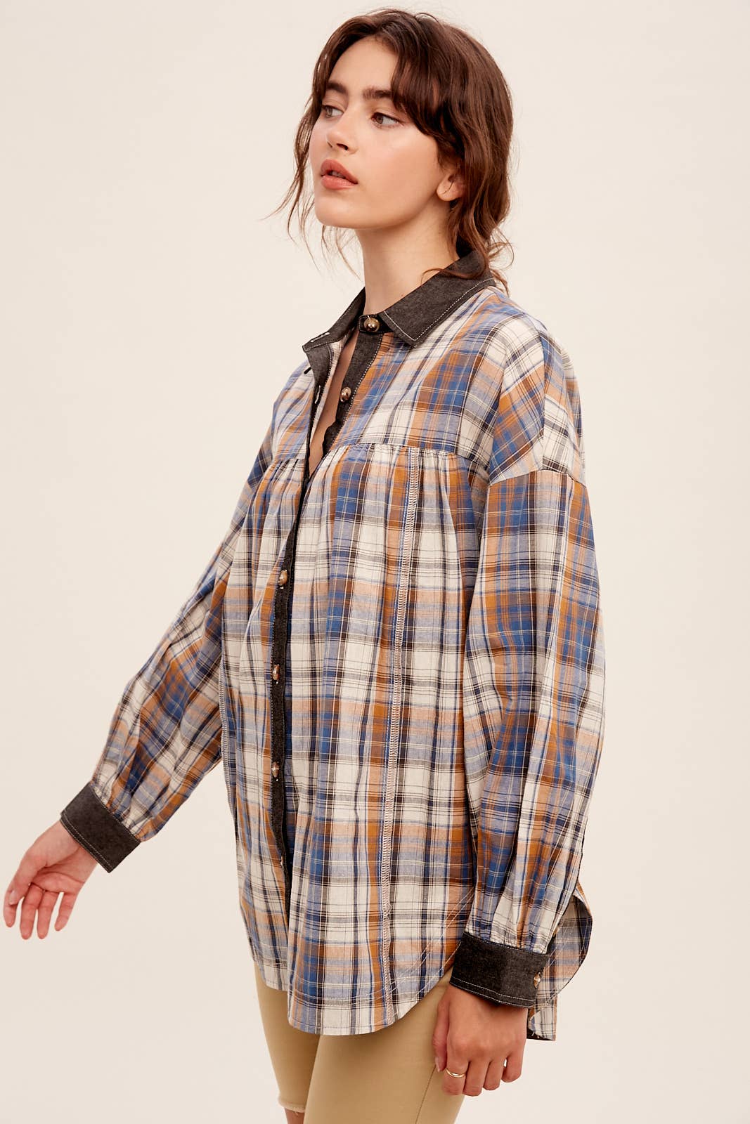 Mixed Plaid Oversized Button-Down Shirt