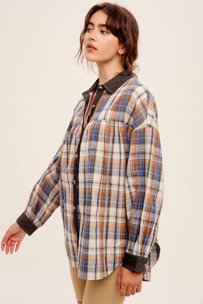 Mixed Plaid Oversized Button-Down Shirt