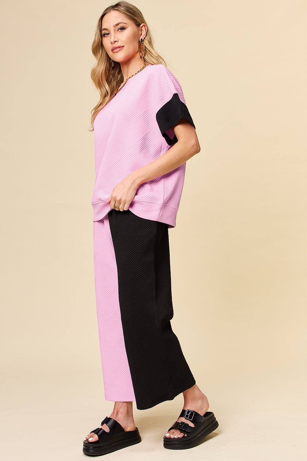 Double Take Texture Wide Leg Pants Set