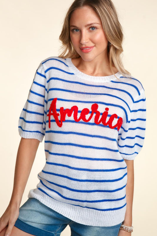 America Embroidery Striped Knit Top