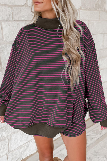 Blue Stripe Ribbed Patchwork Mock Neck Baggy Pullover Matching Shorts Set