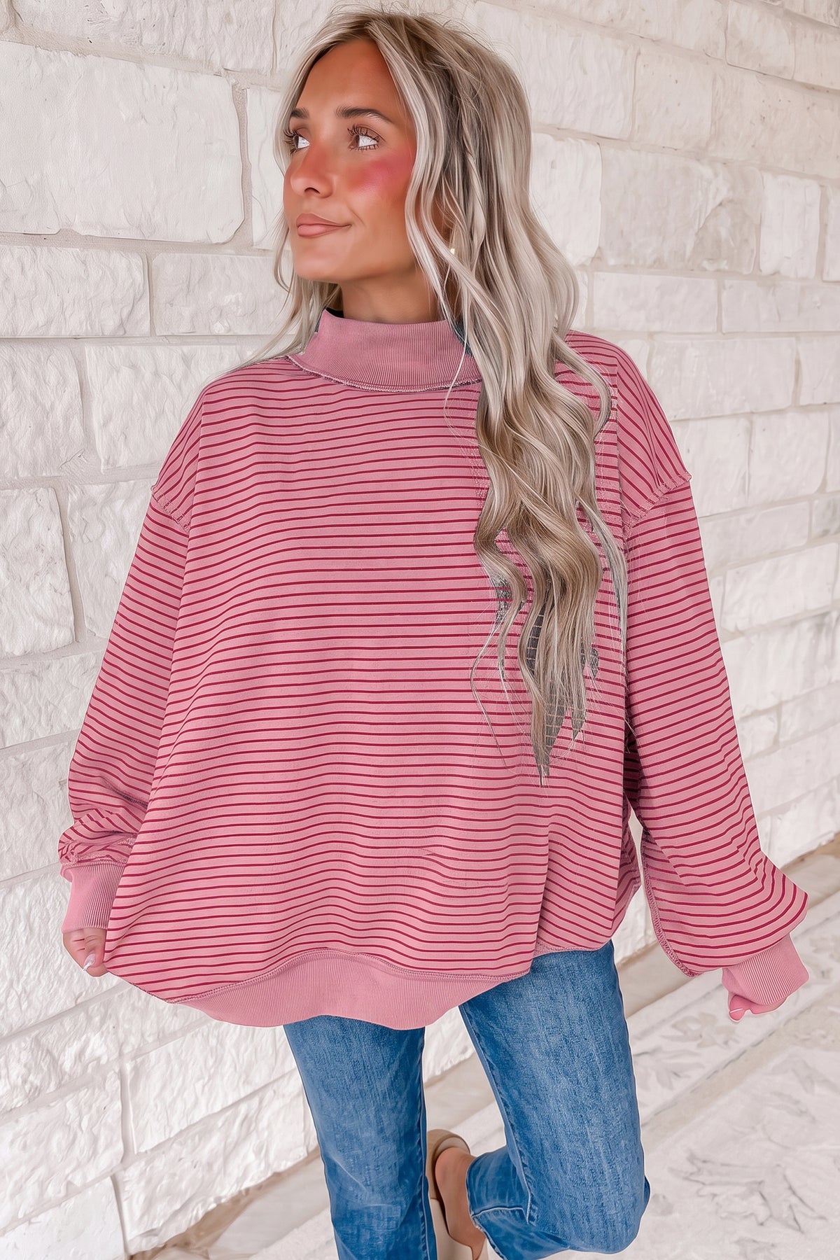 Expect The Best Ribbed Mock Neck Oversized Sweatshirt Top