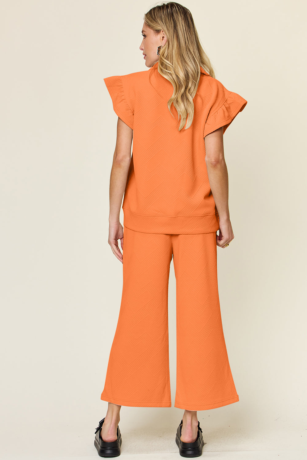 Double Take Texture Ruffle Wide Leg Pants Set