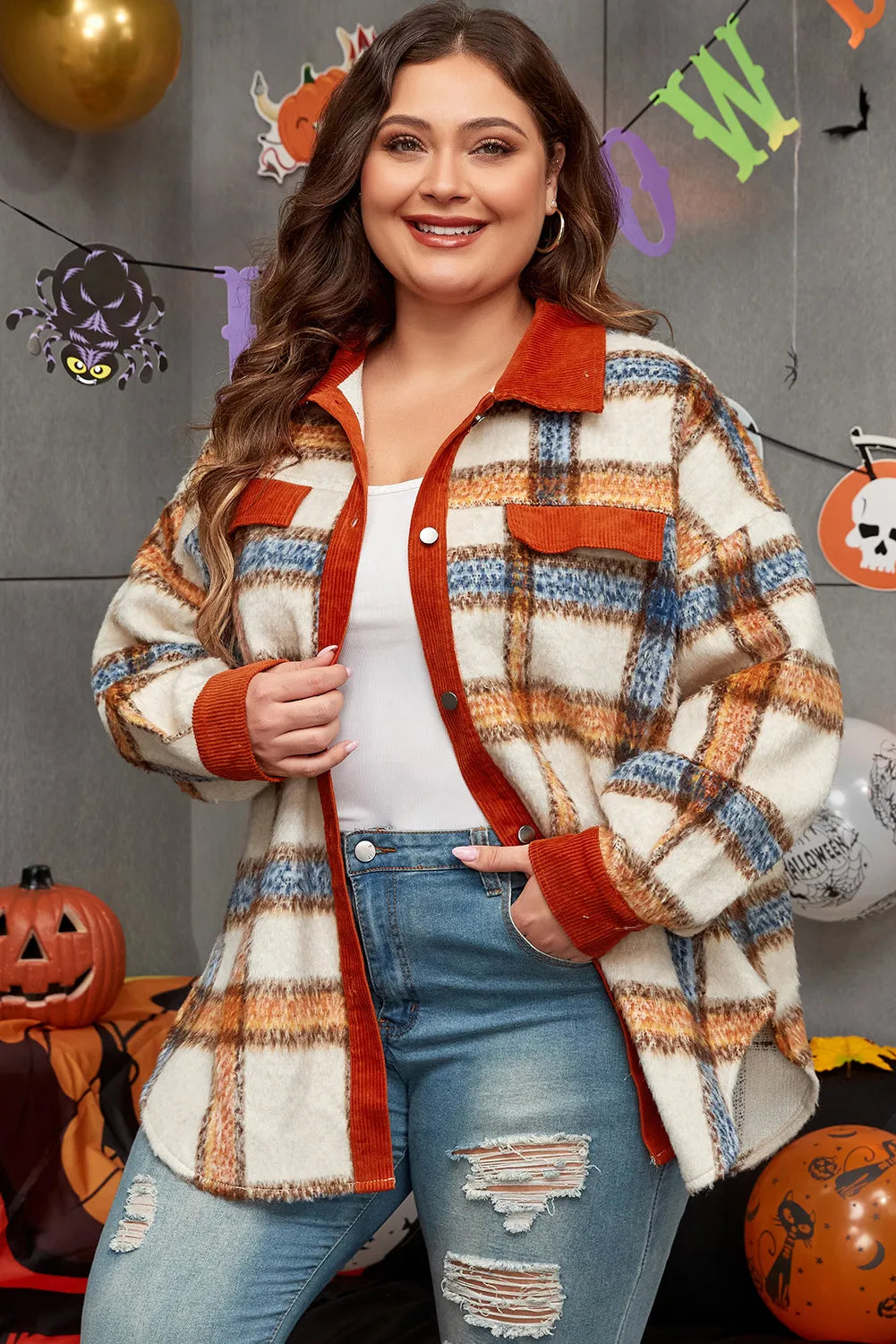 Plus Size Plaid Button Down Jacket