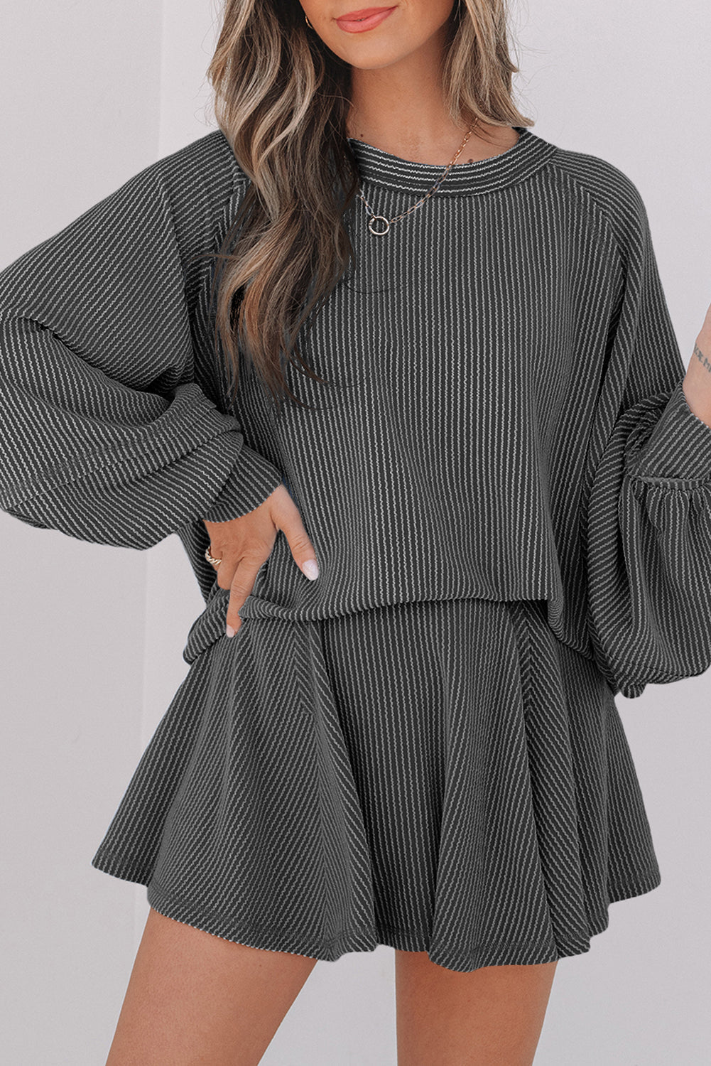 Corded Top and Ruffle Mini Skirt Set