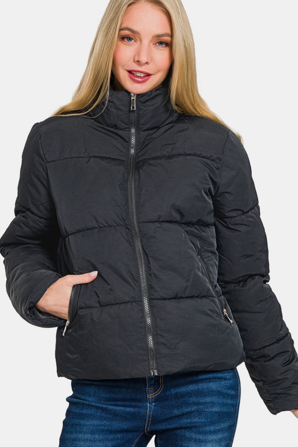 Zenana Zip Up Puffer Jacket with Pockets