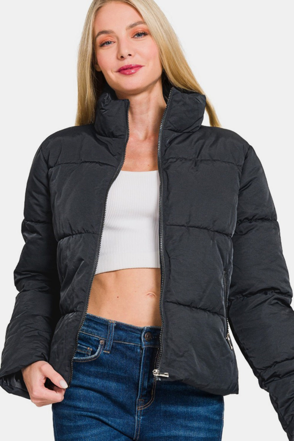 Zenana Zip Up Puffer Jacket with Pockets