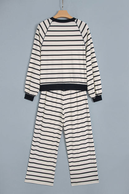 Khaki Stripe Relaxed Long Sleeve Top Color Block Detail Drawstring Pant Set