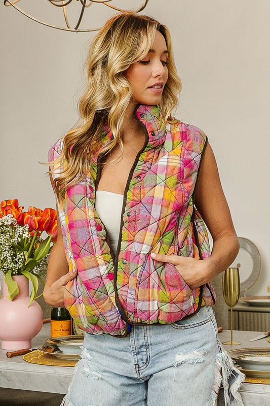 BiBi Quilted Washed Plaid Vest