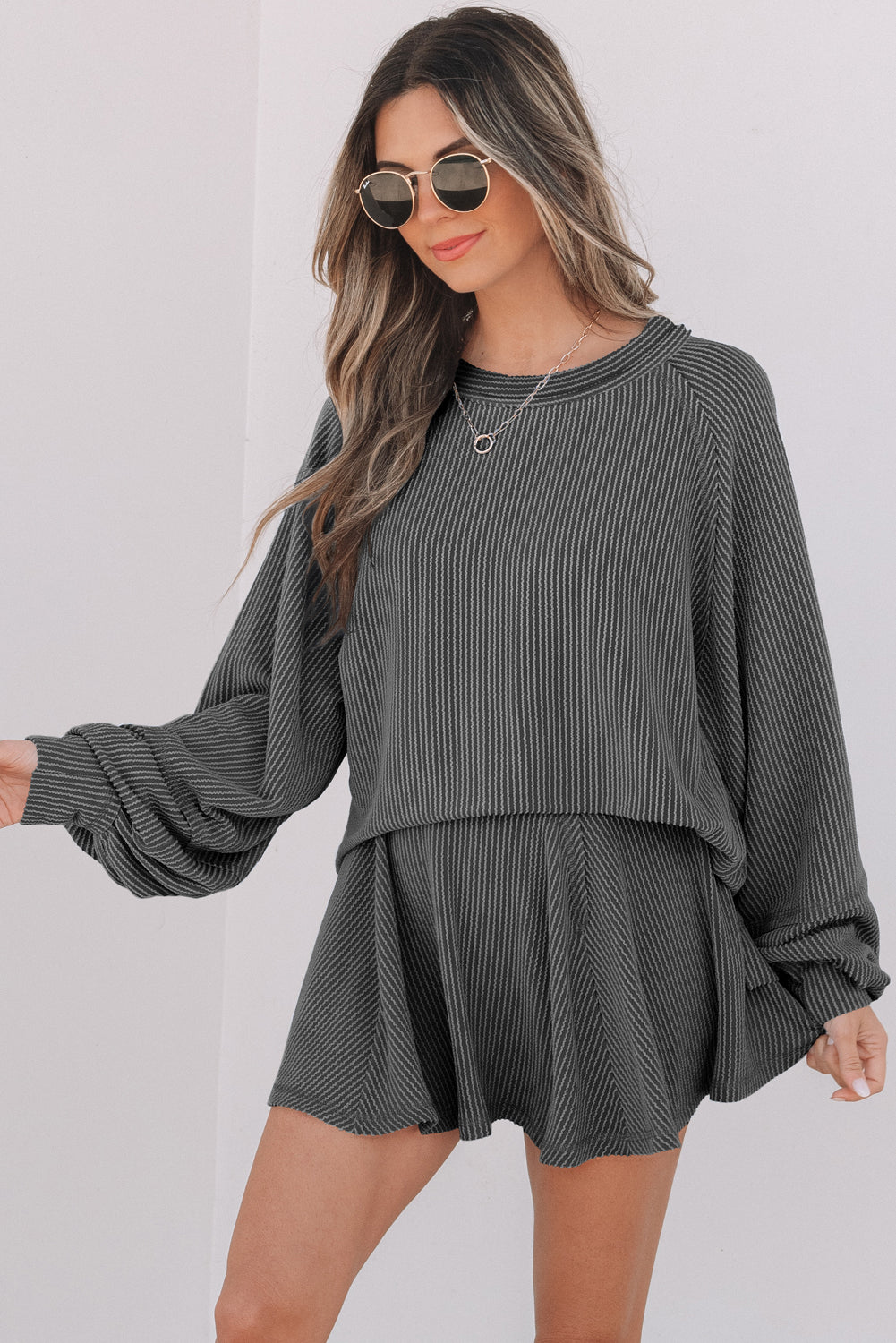 Corded Top and Ruffle Mini Skirt Set