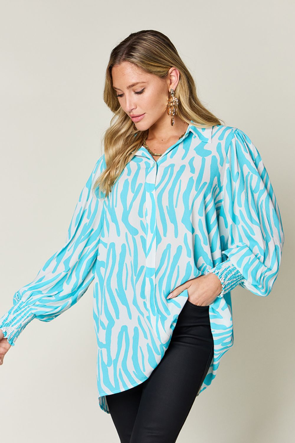 Isaac Double Take Printed Smocked Long Sleeve Blouse