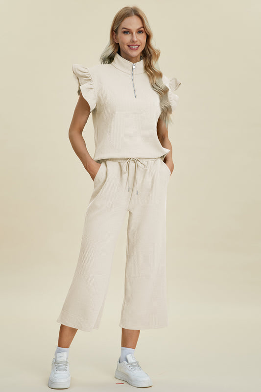 Double Take Quilted Ruffle Short Sleeve Top and Wide Leg Pants Set