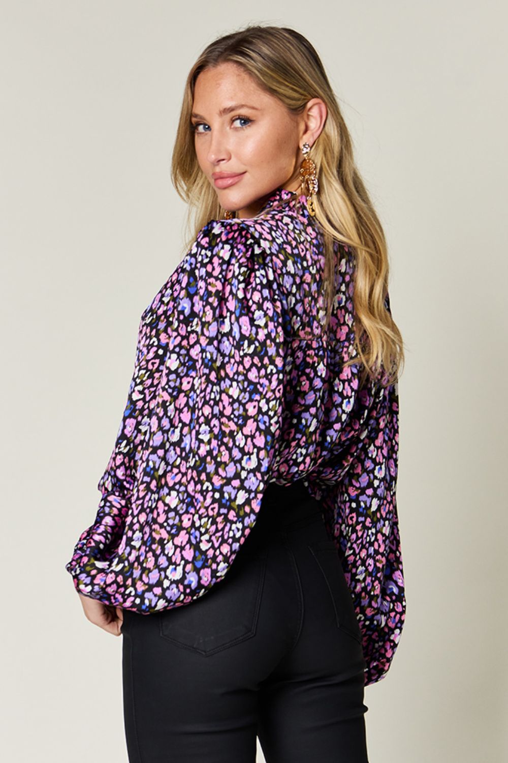 Double Take Full Size Printed Balloon Sleeve Shirt