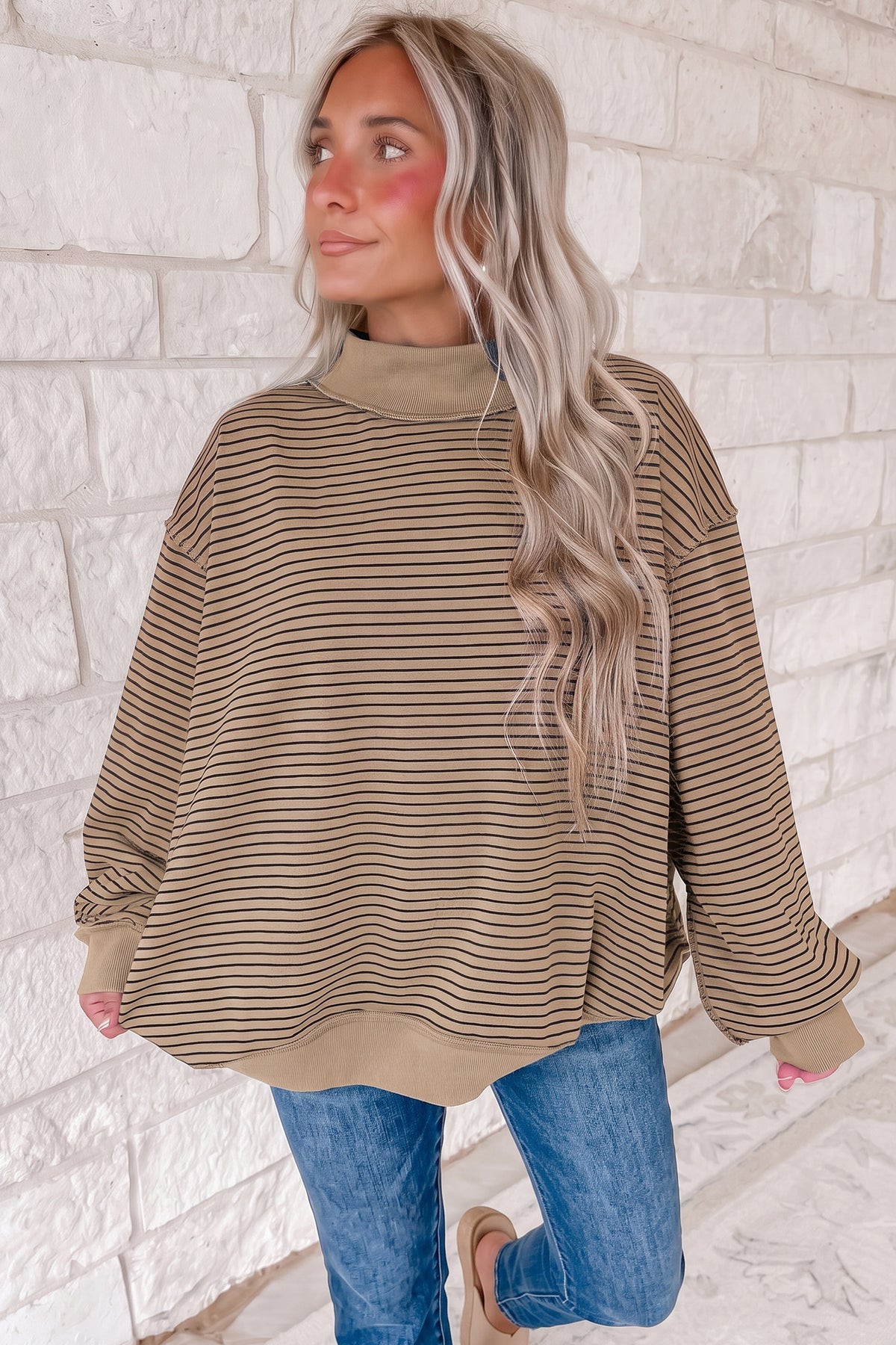 Expect The Best Ribbed Mock Neck Oversized Sweatshirt Top