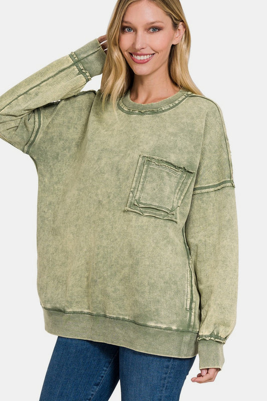 Zenana Exposed Seam Round Neck Dropped Shoulder Sweatshirt