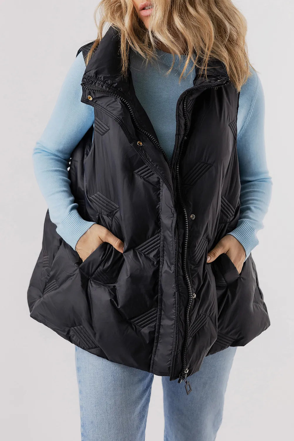 Fan Favorite Pocketed Textured Zip Up Vest Coat