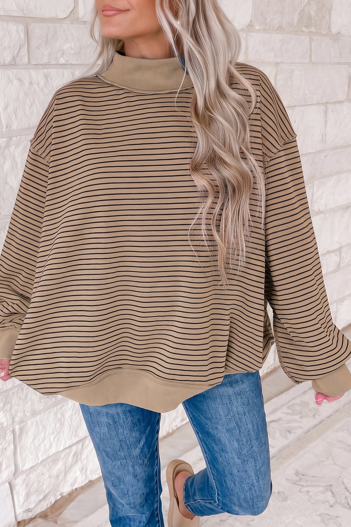 Expect The Best Ribbed Mock Neck Oversized Sweatshirt Top