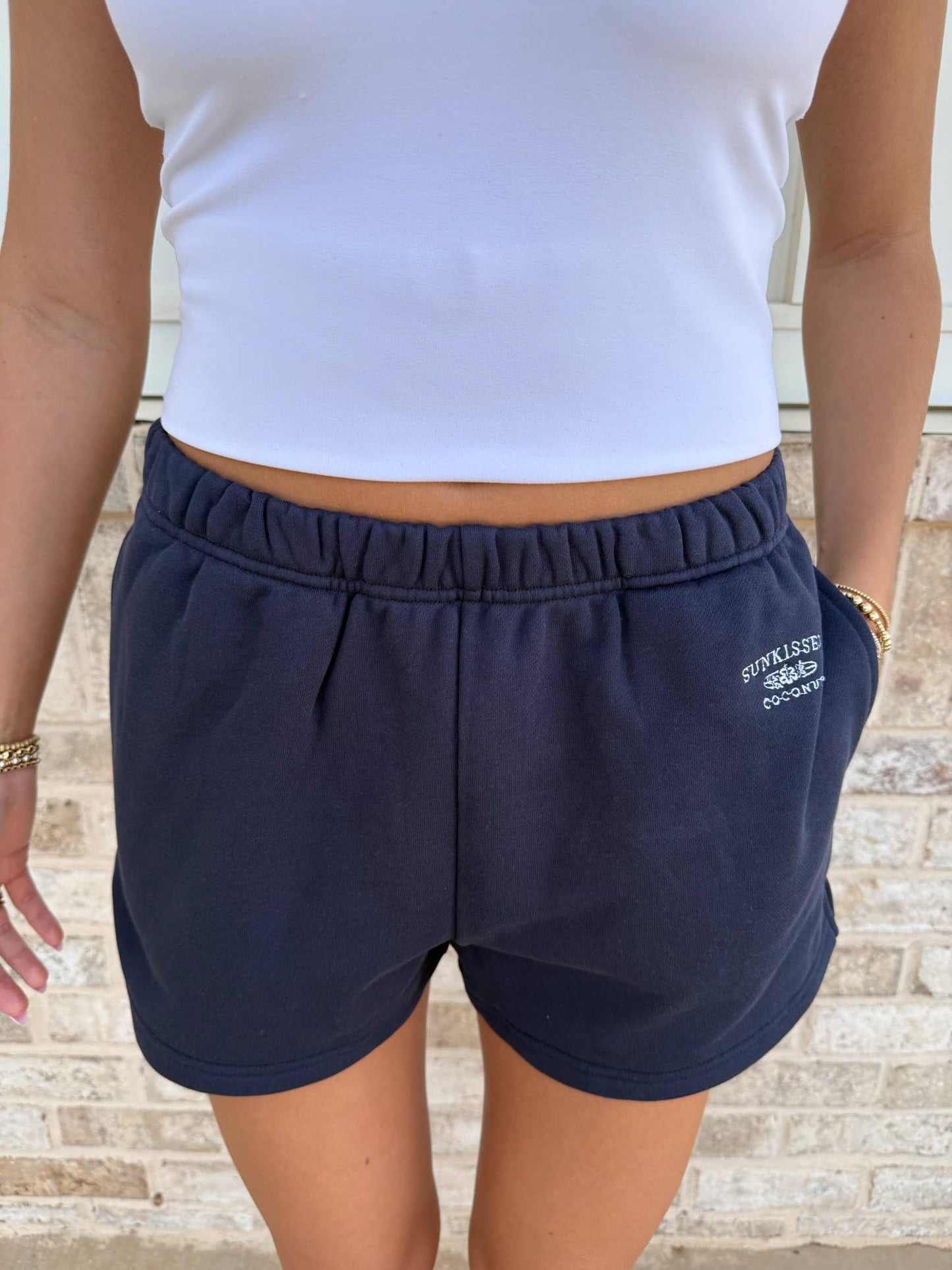 Navy Blue Embroidered Sweat Shorts 100% Cotton