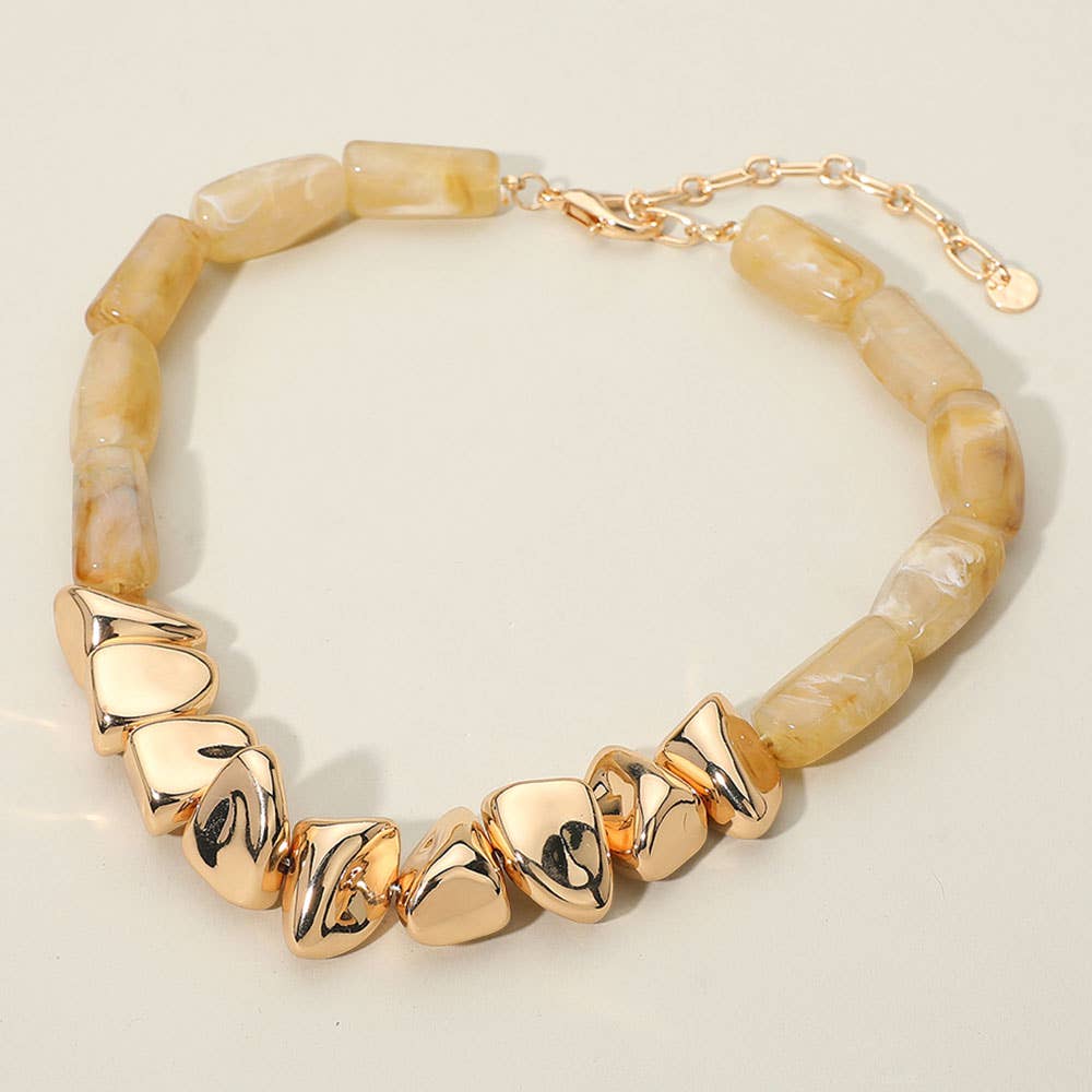 Chunky Polished Metal Marbled Resin Pebble Beaded Statement Necklace