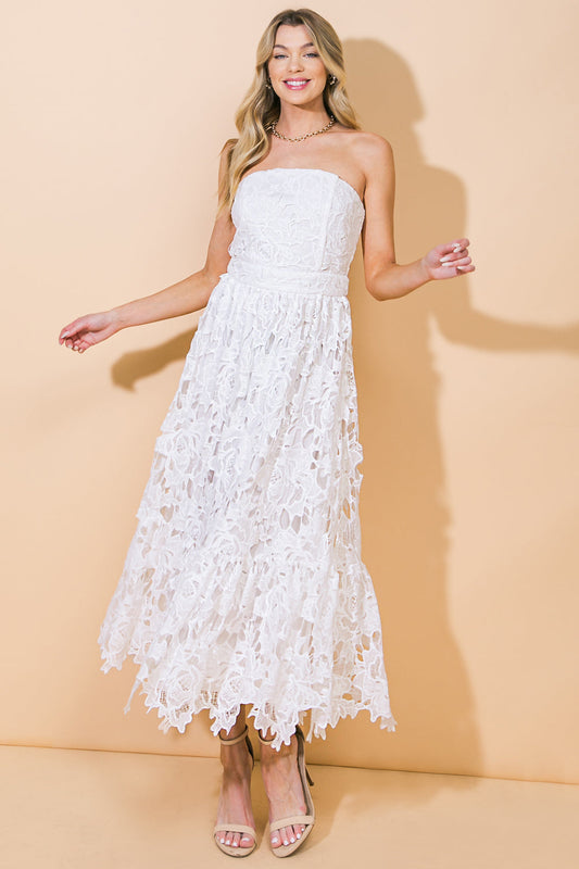 CAREFREE NIGHTS LACE OFF WHITE MIDI DRESS