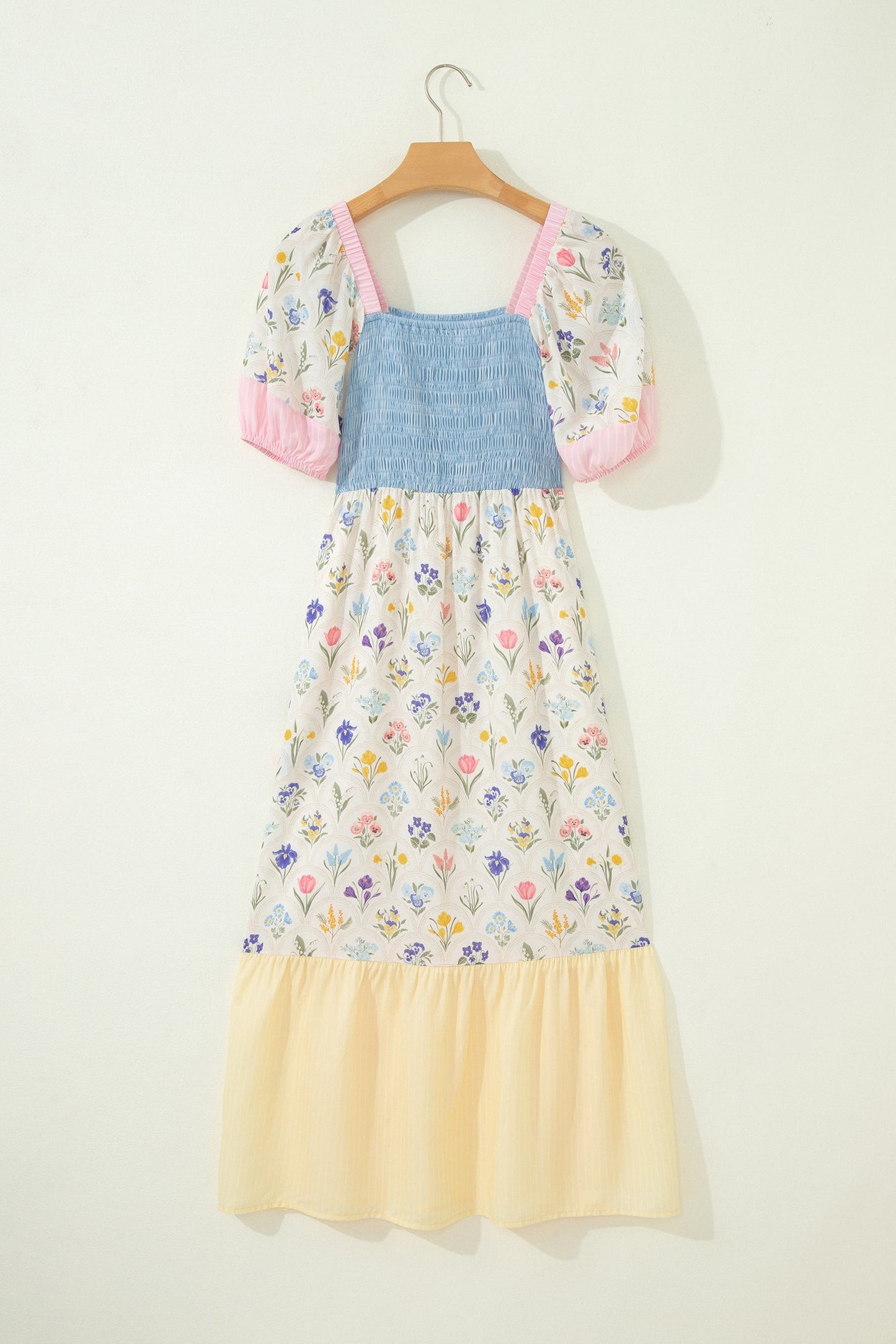 Floral Stripe Colorblock Square Neck Shirred Dress