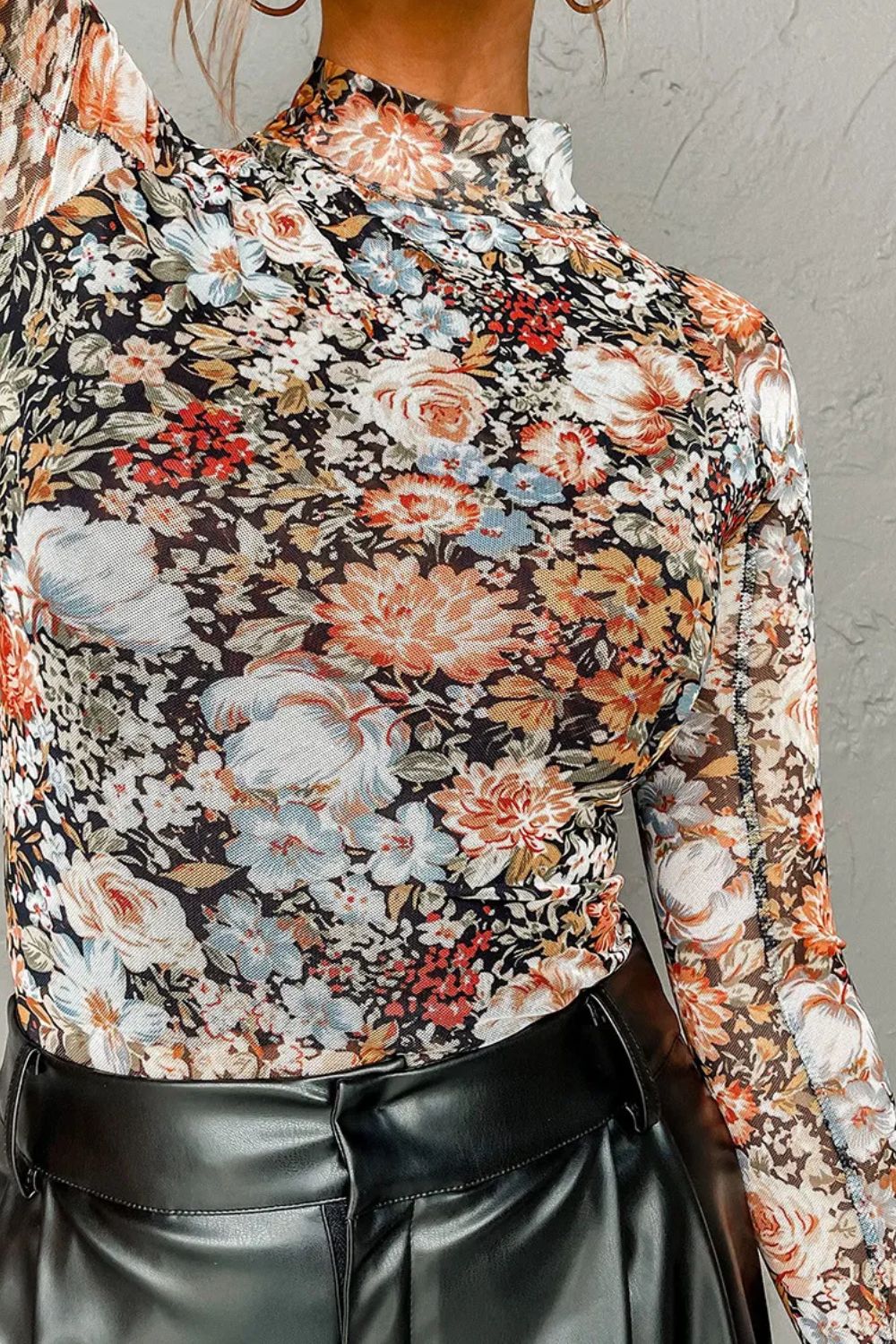 Floral Mock Neck Sheer Top