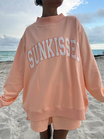 Papaya Orange Varsity Sunkissed Embroidered Mockneck Sweatshirt 100% Cotton