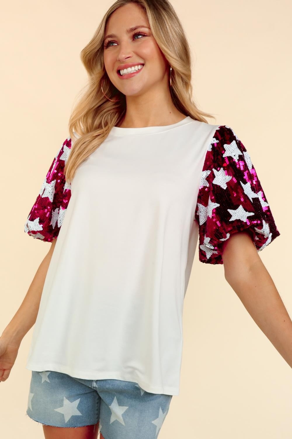 Star Of The Show Bubble Sleeve Sequin Top