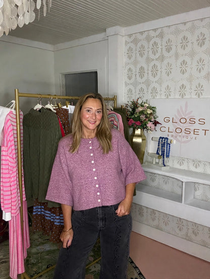 Beth wearing The Maeve Cardigan with black scallop jeans