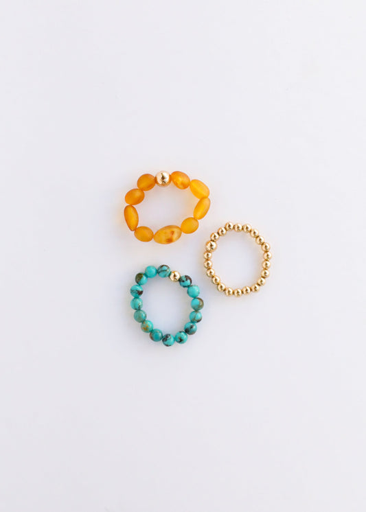Natural Turquoise + 14k Gold Filled + Honey Amber || Ring Set Trio ||
