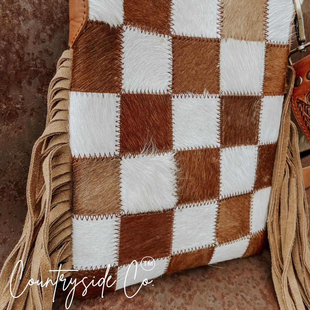 Stockdale Checkered Cowhide Fringe Purse