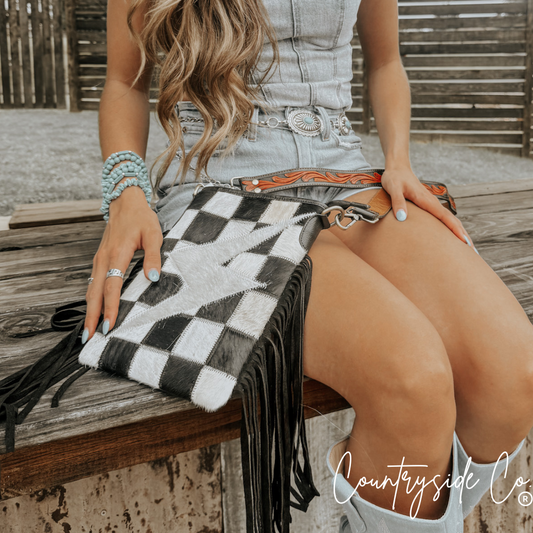 Grit and Glam Stockyards Cowhide Checkered Purse
