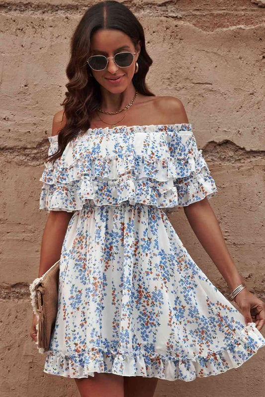 Azure Floral Off-Shoulder Ruffle Hem Dress