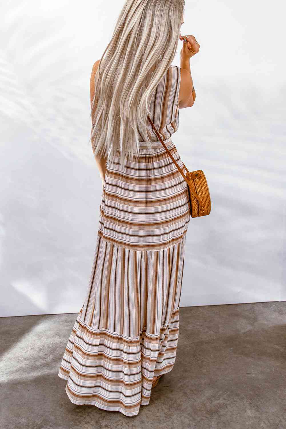 In the Meantime Striped Tie Waist Slit Sleeveless Dress