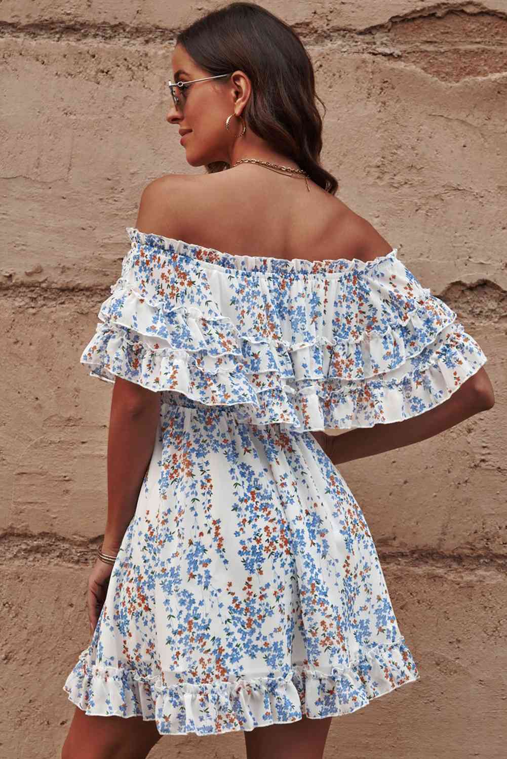 Azure Floral Off-Shoulder Ruffle Hem Dress