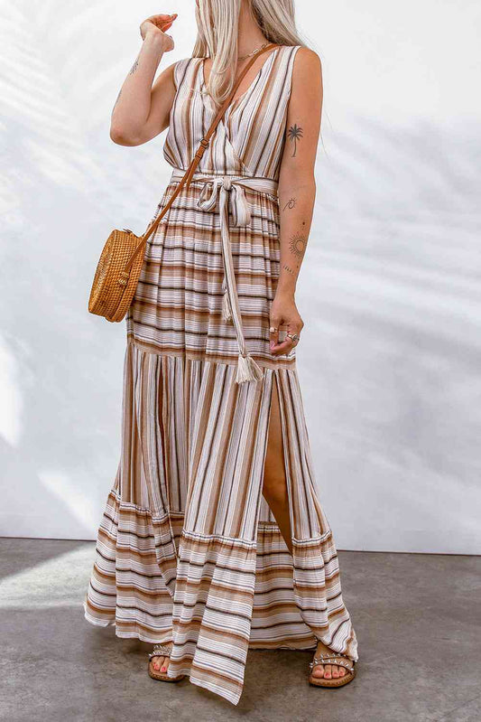 In the Meantime Striped Tie Waist Slit Sleeveless Dress